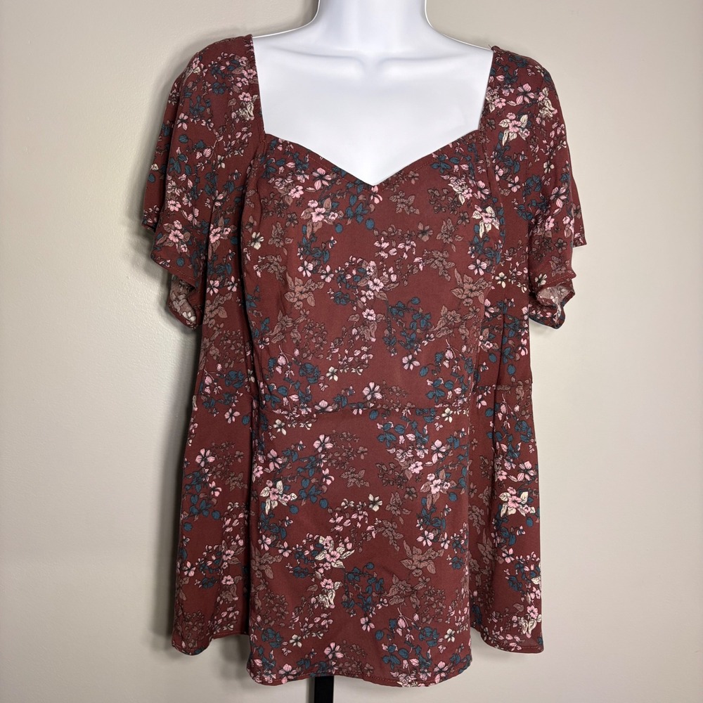 Torrid Burgundy Floral Sweetheart Neck‎ Empire Waist Blouse Top Plus Size 0 L XL